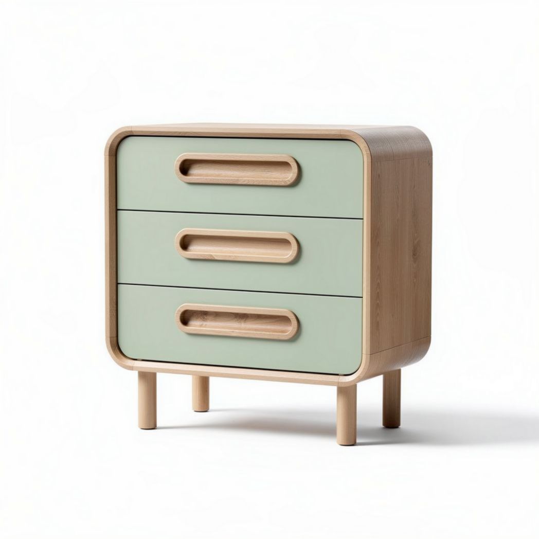 Three-drawer nightstand in bamboo and mint green finish 40 x 30 x 50cm