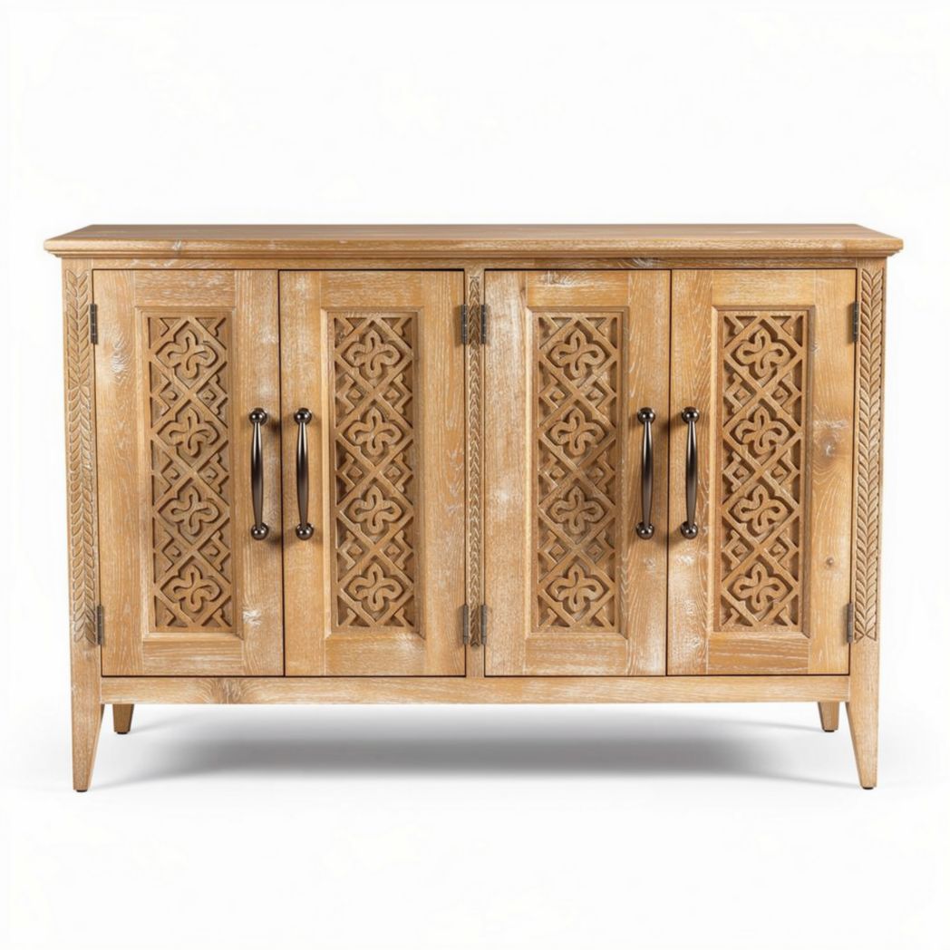 Wooden sideboard cabinet with intricate geometric design in natural finish 100 x 40 x 80cm