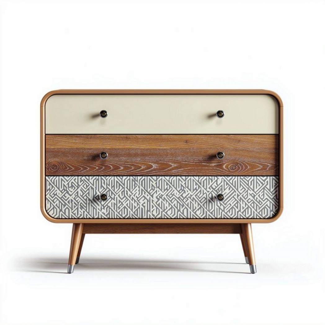 Wooden dresser with three drawers and geometric pattern dimensions 80 x 40 x 70cm