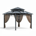 Steel frame gazebo with a brown mesh canopy and outdoor curtains 300 x 300 x 250cm