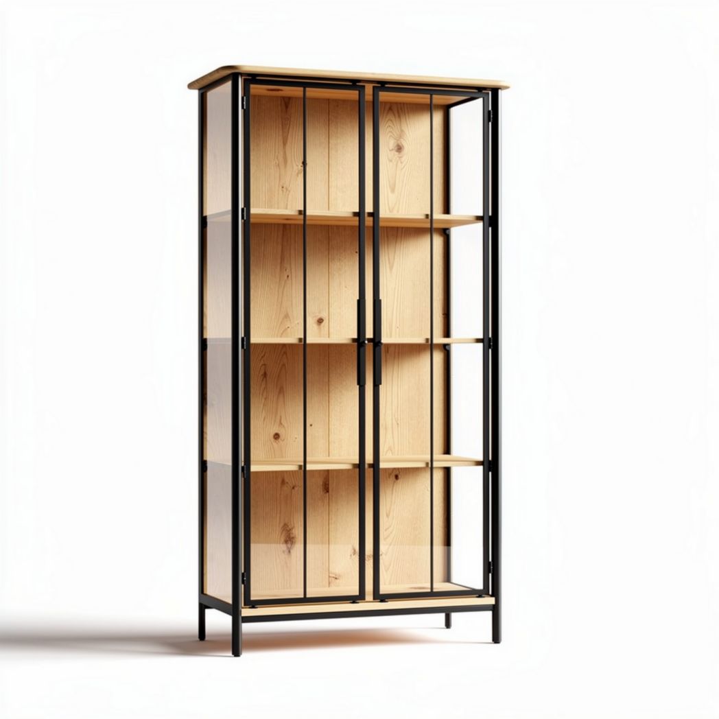 Wood and metal display cabinet with glass doors 180 x 80 x 40cm