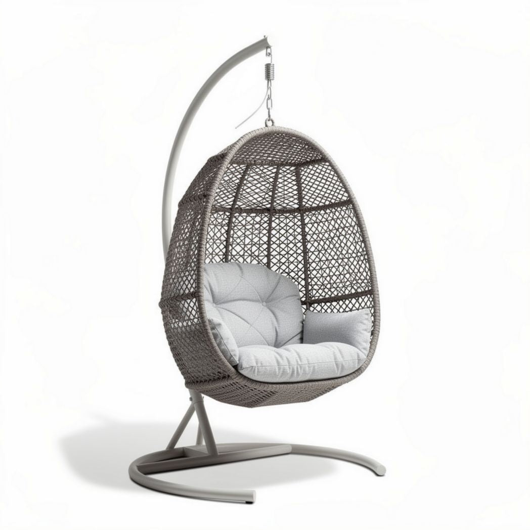 Hanging egg chair with cushion in gray wicker and steel frame 70 x 70 x 120cm