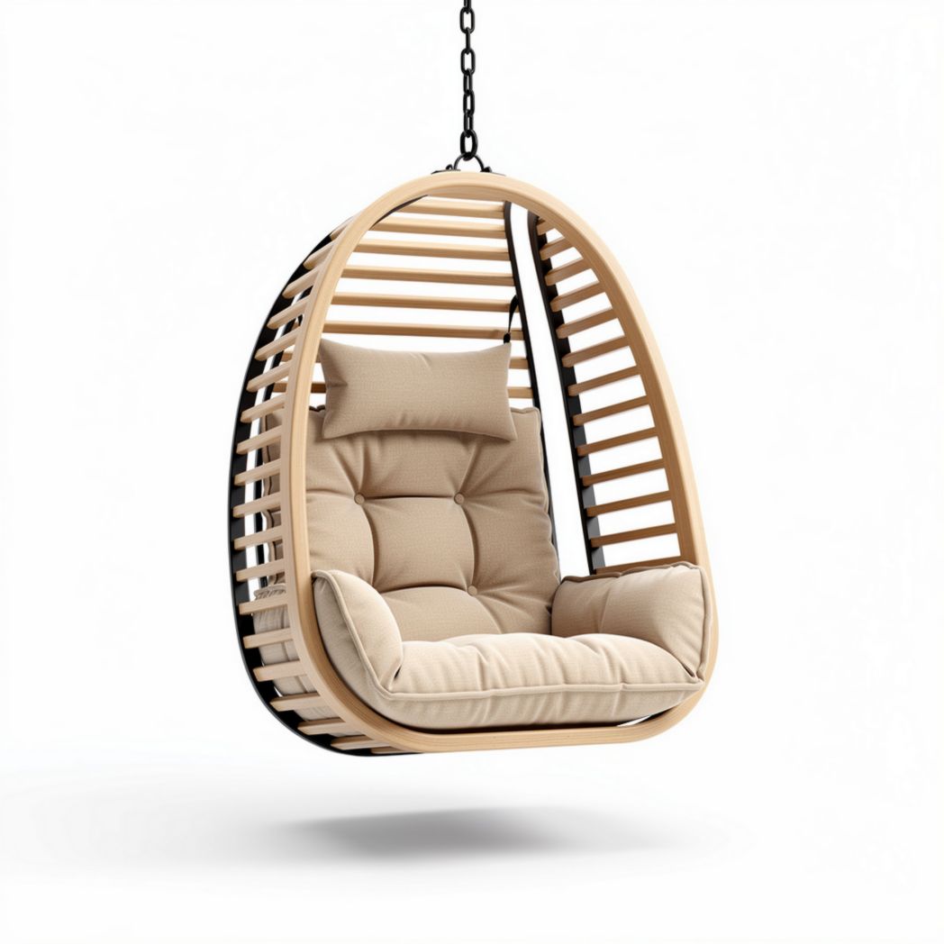 Hanging chair with padded cushion and wooden frame for indoor outdoor use