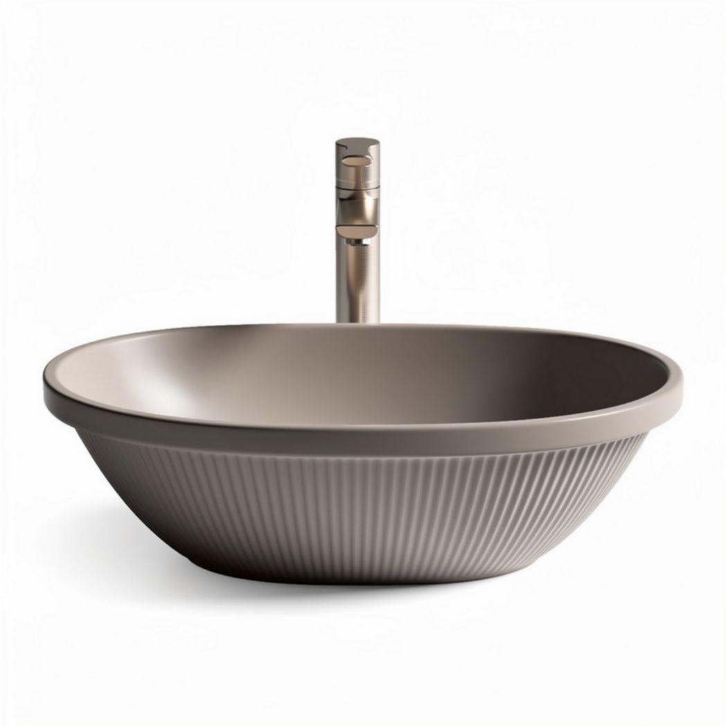 Ceramic oval sink in taupe with ribbed exterior for bathroom use 40 x 30 x 10cm