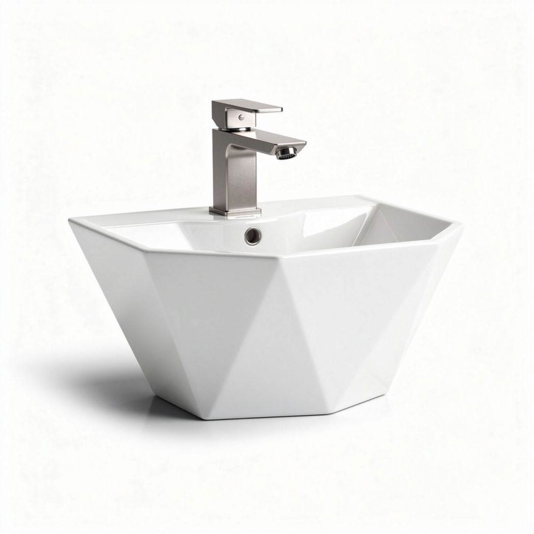 Ceramic freestanding sink with modern angular design and chrome faucet