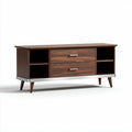 Wooden media console in walnut finish with two drawers and open shelving 120 x 40 x 50cm